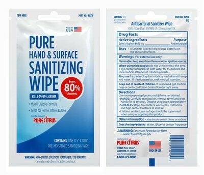 Pure Hand and Surface Sanitizing Wipe, Single Pack - Cleaners